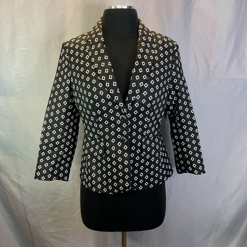 Vince Camuto Blazer Jacket Womens 4 Black White Geometric Single Breasted Formal